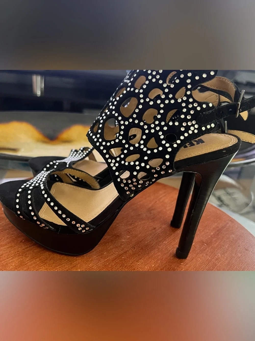 Black Rhinestone Cutout High Heel Sandals - Women